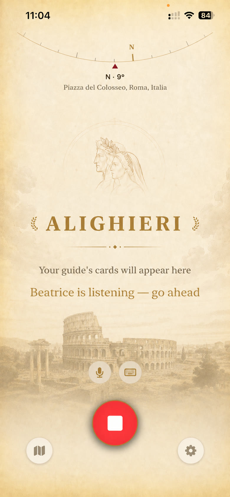 ALIGHIERI's main screen: compass, gold wordmark and the profiles of Dante and Beatrice on parchment