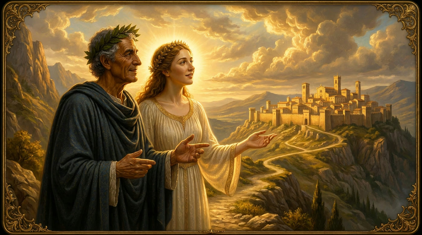 Virgil and Beatrice side by side on a mountain path, in the gilded-manuscript style