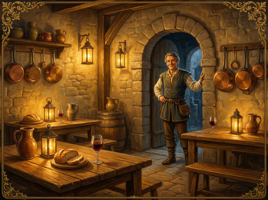 A warm, welcoming osteria in gilded-miniature style